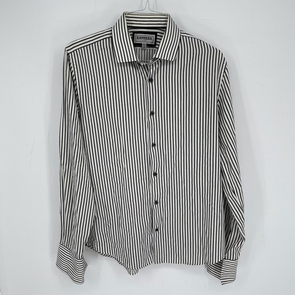 Express Other - Express Y2K Men's White Black Striped Fitted Long Sleeve Button Up Shirt Size L